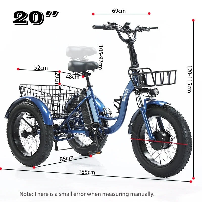 Triciclo eléctrico para adultos 3 ruedas 500W 48V Fat Tire Bicicleta eléctrica de carga para damas Batería extraíble impermeable y antirrobo