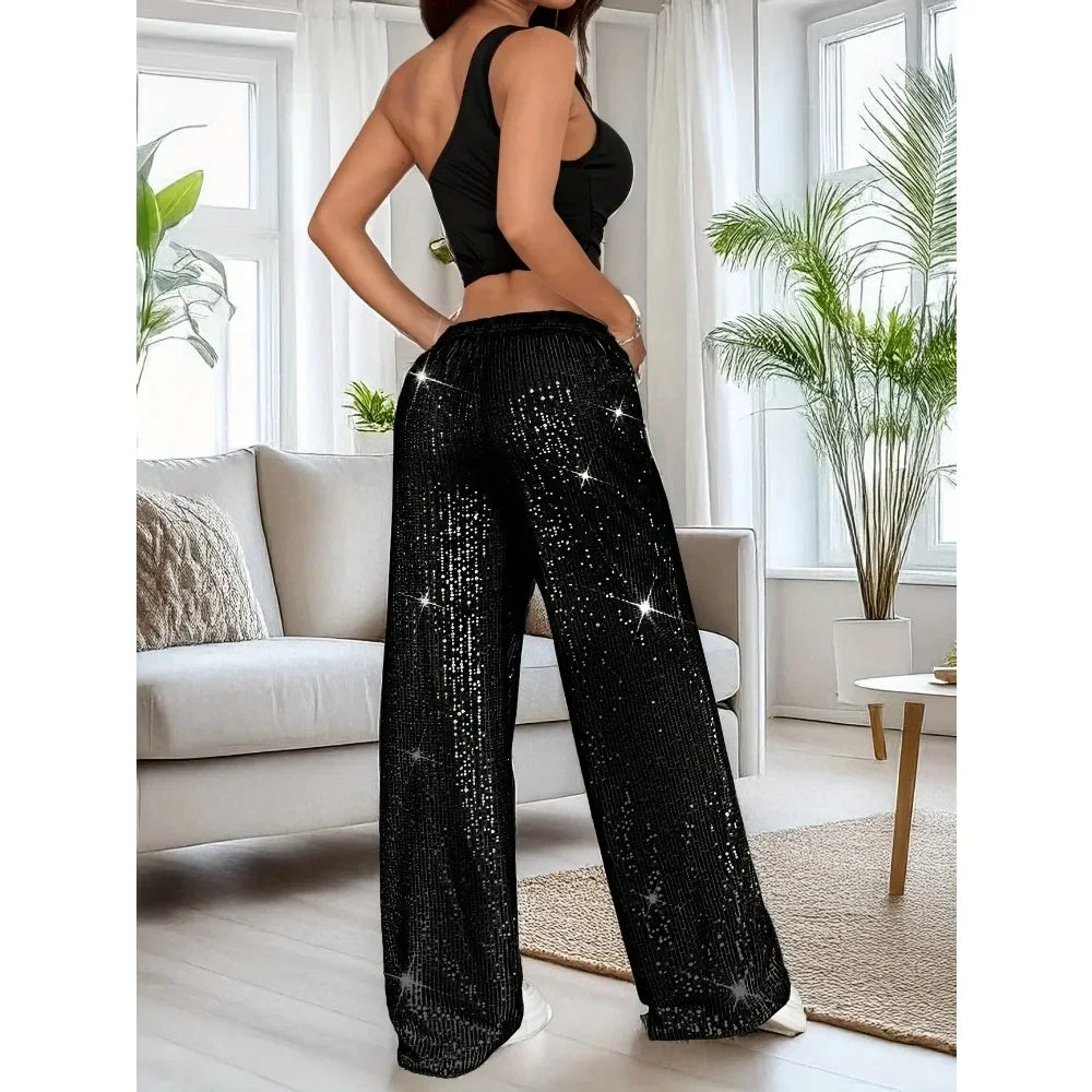 Pantaloni a gamba dritta con paillettes moda donna taglie forti 1XL-5XL Pantaloni lunghi larghi a vita alta eleganti casual da donna