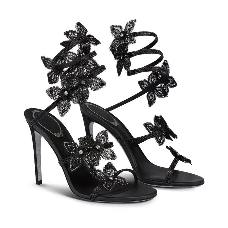 Strass di lusso Fiori Sandali gladiatore da donna Sexy Spago serpente Cinturino alla caviglia Tacchi alti Scarpe da ballo estive da sposa Sandali
