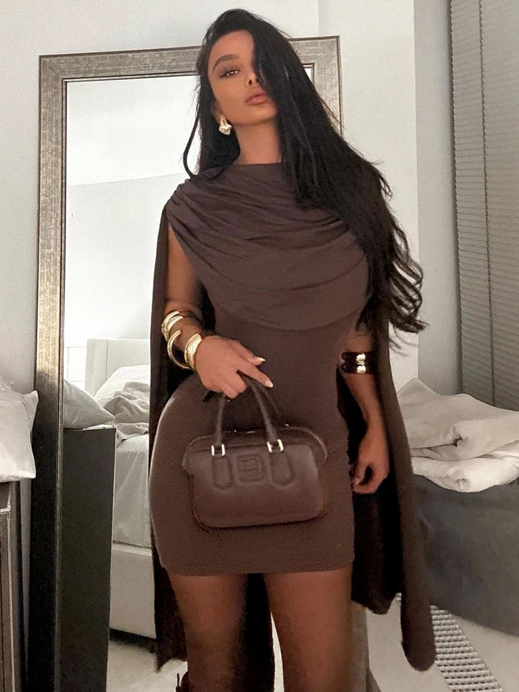 Strano gatto scialle patchwork abito da donna increspato elegante o-collo skinny senza maniche vacanza tendenza moda casual semplice mini aderente