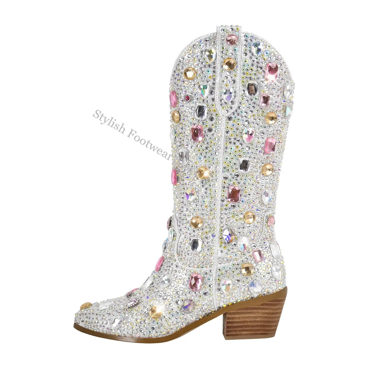 Stivaletti da Donna Stile Western con Strass e Gemme, Punta Rotonda, Neri e Blu, Stivali alla Moda con Cristalli