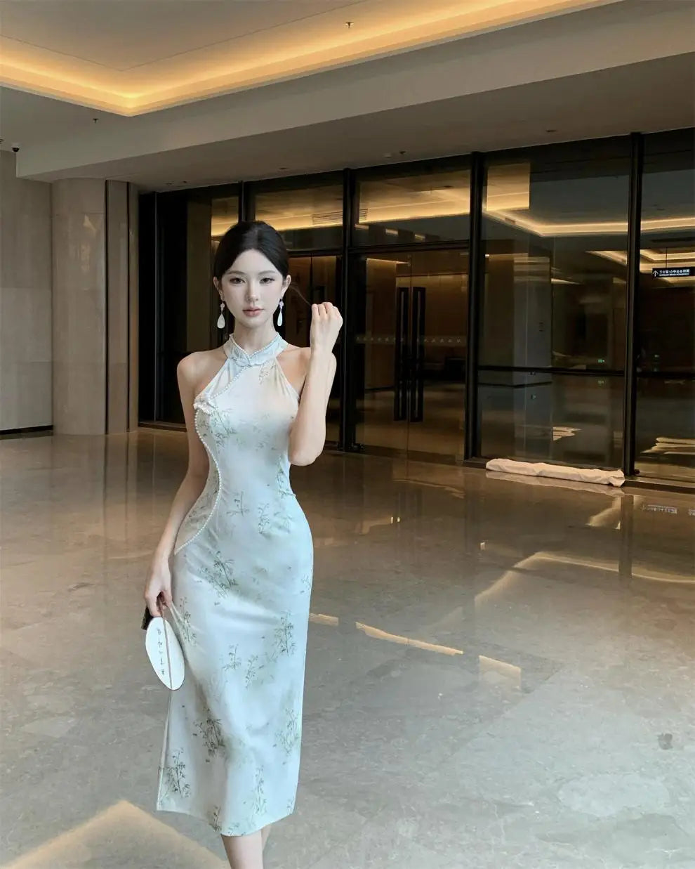 Abito lungo a vita alta senza maniche, stile retrò, con perline, modello cheongsam migliorato, aderente e snellente, per il tempo libero e il commuting.