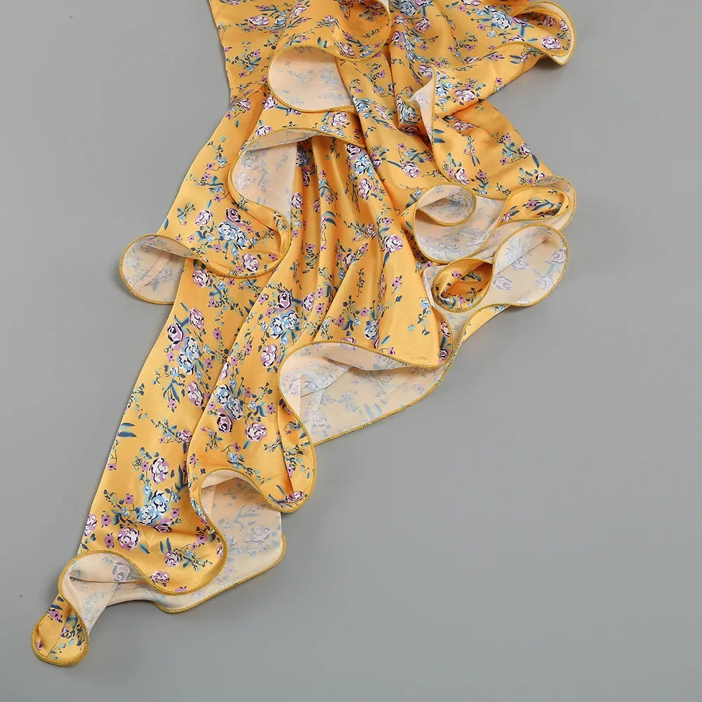 Abito Elegante e Sexy con Stampa Floreale, Orlo Asimmetrico, Collo Alto, Maniche a Palloncino, Lunghezza al Ginocchio