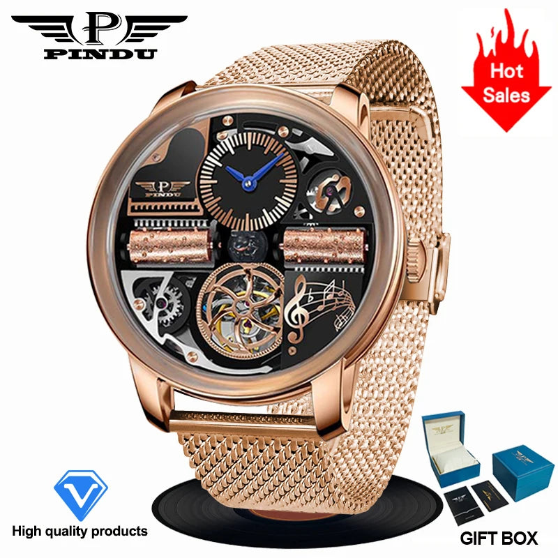PINDU Design Nuovo Orologio Meccanico di Lusso da Uomo in Acciaio Inossidabile con Vetro Zaffiro Movimento M2791B Impermeabile 50M Automatico