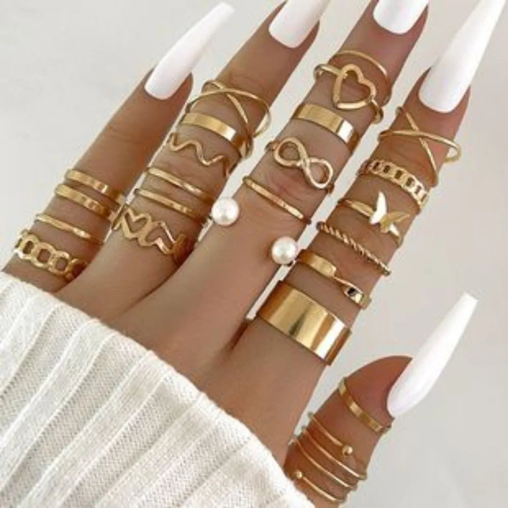 30 pezzi Set tendenza di lusso color oro geometrico a forma di 8 zirconi imitazione anelli di perle per le donne set di gioielli con ciondoli multi-pezzo