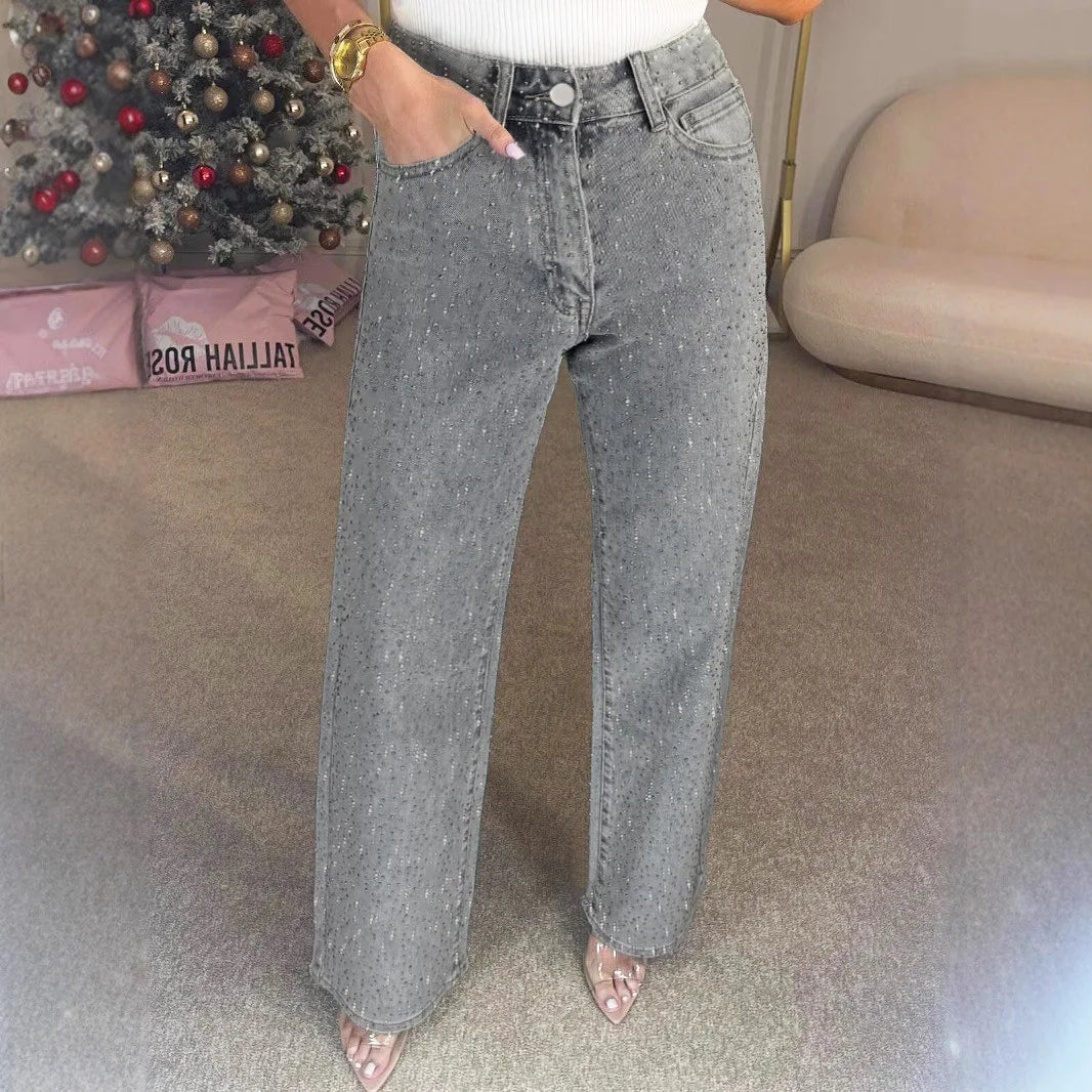 Jeans da donna Pantaloni dritti con diamanti Jeans elasticizzati a vita alta lavati per mamma Jeans vintage Streetwear Pantaloni streetwear Y2k