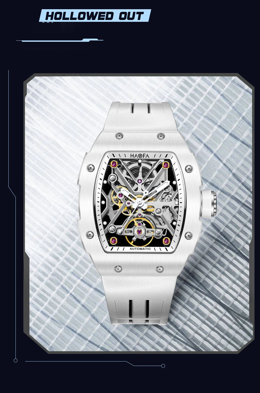 Haofa Orologio meccanico automatico scheletrato per uomo Lunetta in ceramica Zaffiro Luminoso Orologio sportivo da uomo con carica automatica impermeabile 1988