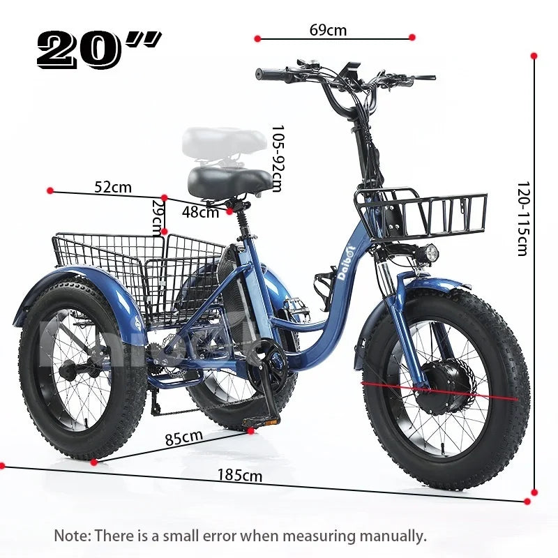 Triciclo eléctrico para adultos 3 ruedas 500W 48V Fat Tire Bicicleta eléctrica de carga para damas Batería extraíble impermeable y antirrobo