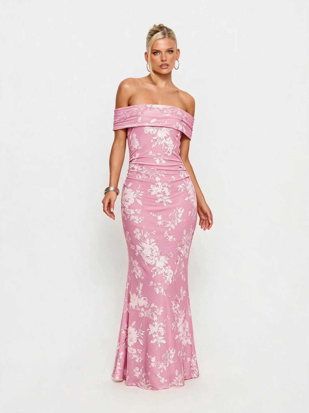 Abito lungo da donna a spalle scoperte con stampa floreale, elegante abito a sirena arricciato, abito aderente estivo da sera per feste, per signore.