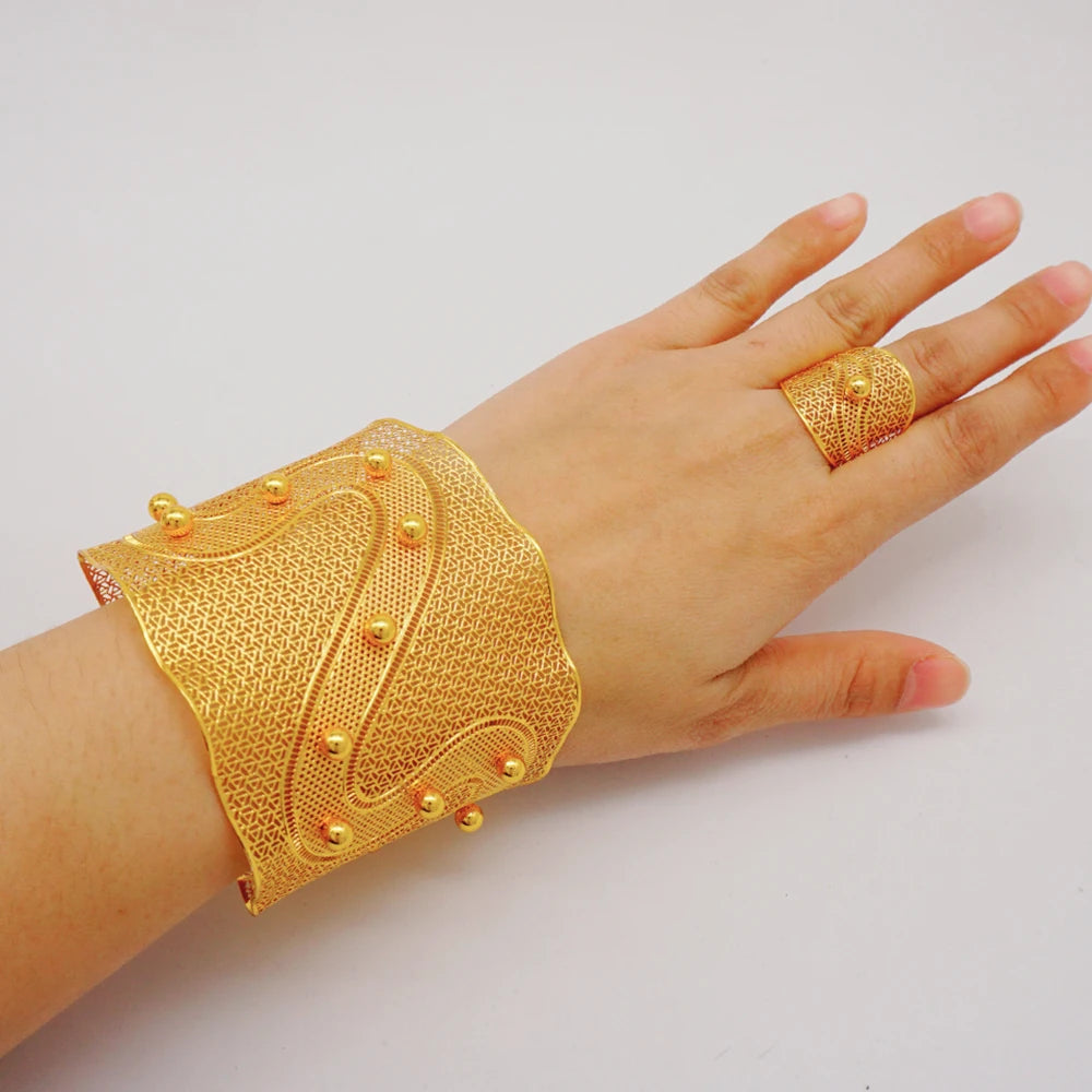Bracciale color oro Dubai con anello per donna Bracciale con polsino a catena con ciondoli Bracciale indiano Arabo Francia Regali di gioielli da sposa