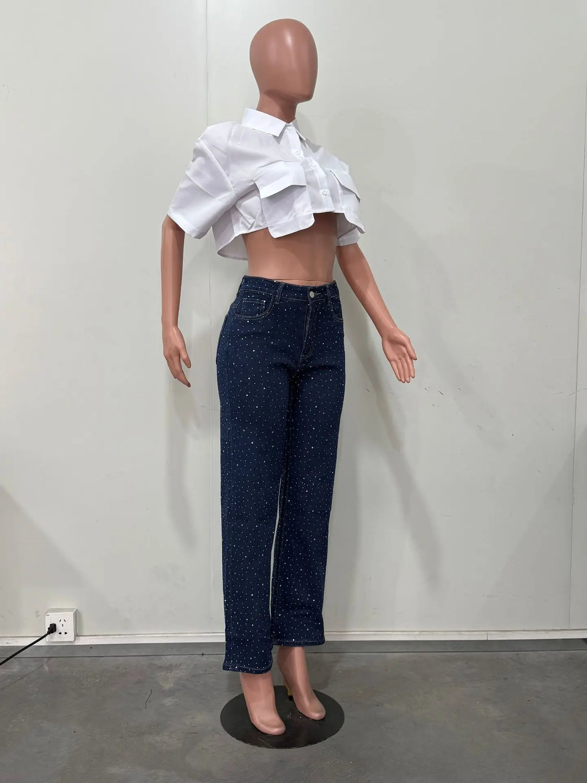 Pantaloni jeans con strass lucidi Pantaloni dritti in denim con diamanti da donna sexy a vita alta eleganti da night club