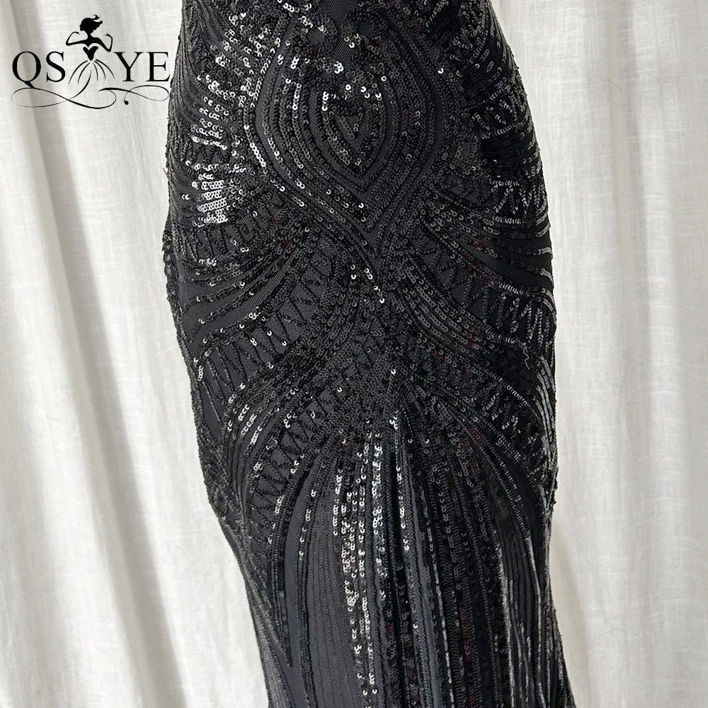 Abito da sera lungo nero semplice con paillettes, modello a sirena, spalline sottili, scollo a V, senza schienale, elegante per feste