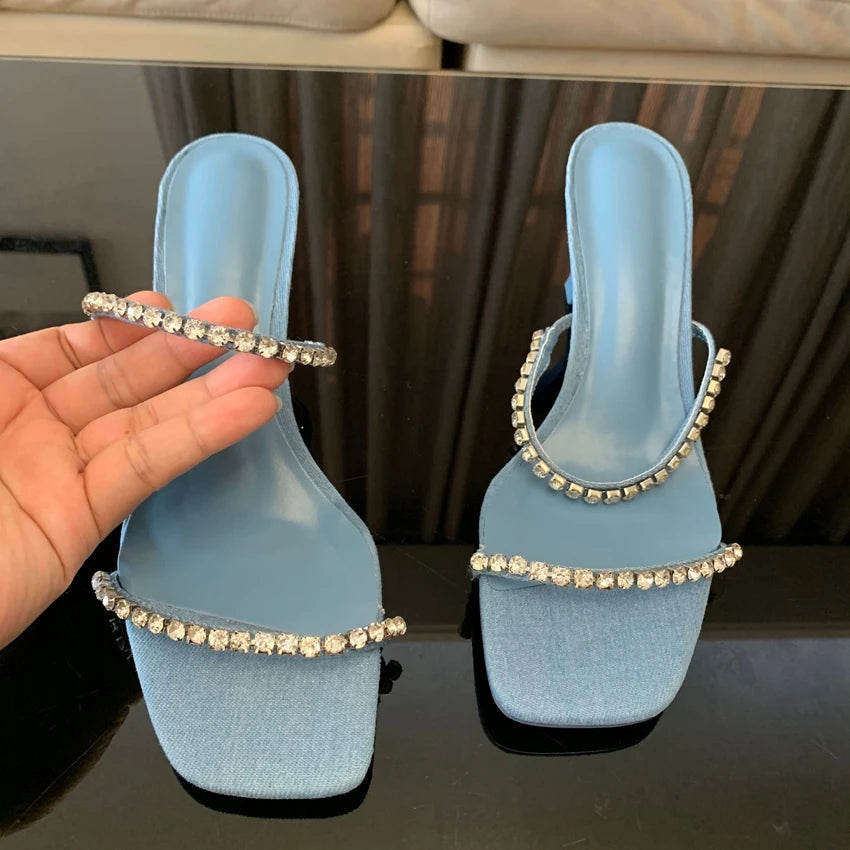 Denim blu strass tacchi alti donna muli Peep Toe moda pantofole Casual diapositive signore sandali con tacco scarpe estive