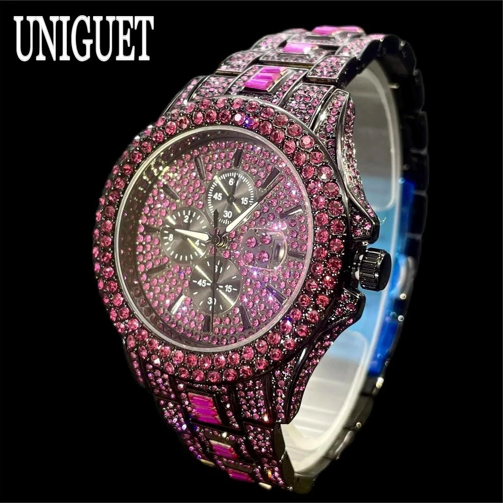 Vendita calda orologio rosso ghiaccio per uomo marchio di moda UNIGUET Hip Hop pieno di diamanti gioielli in acciaio inossidabile di lusso orologio da polso al quarzo uomo