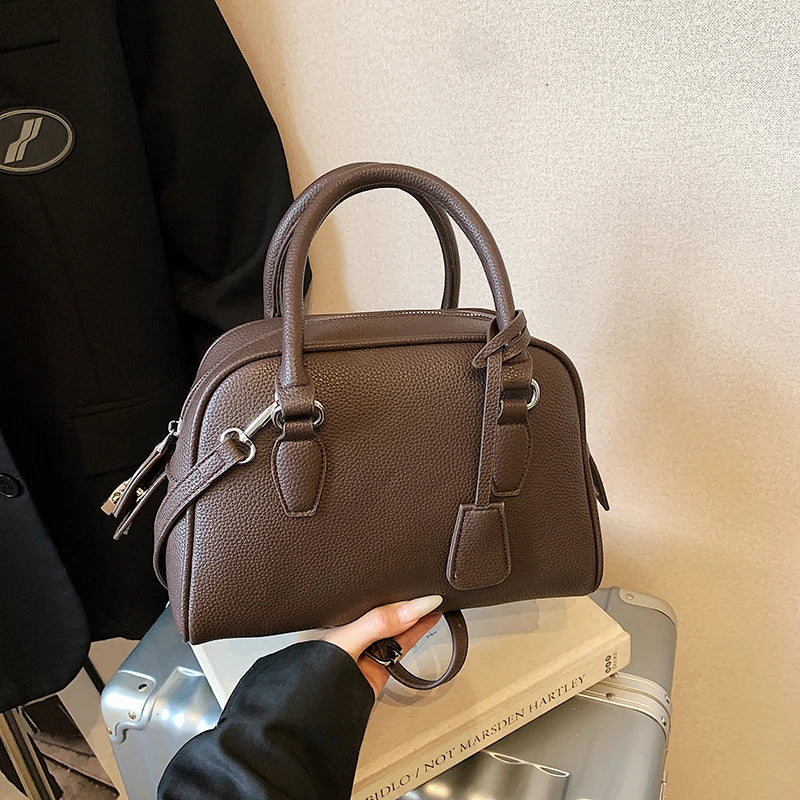 Borse a Mano Vsper Mini Bowling per Donna, in Pelle PU con Motivo Lychee, Borsa a Tracolla Monocolore, Borsa di Lusso Firmata