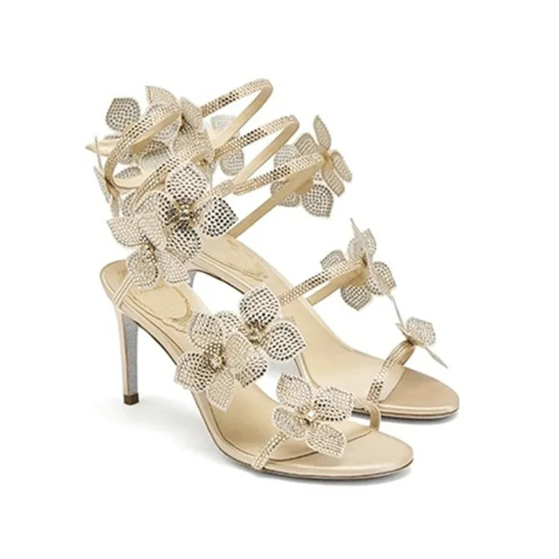 Strass di lusso Fiori Sandali gladiatore da donna Sexy Spago serpente Cinturino alla caviglia Tacchi alti Scarpe da ballo estive da sposa Sandali