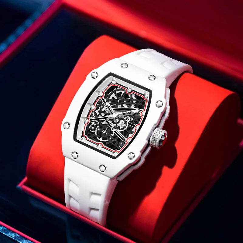 Orologio al Quarzo Ultra-Sottile Tonneau per Uomo, Design Creativo Bianco con Quadrante Cavo, Super Luminoso, Personalizzabile, Orologio AAA Relogio