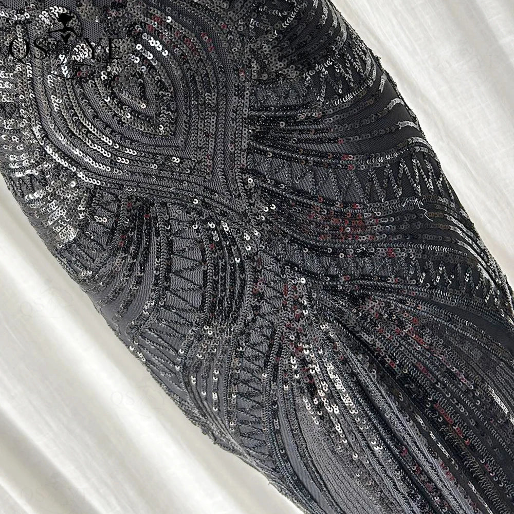 Abito da sera lungo nero semplice con paillettes, modello a sirena, spalline sottili, scollo a V, senza schienale, elegante per feste