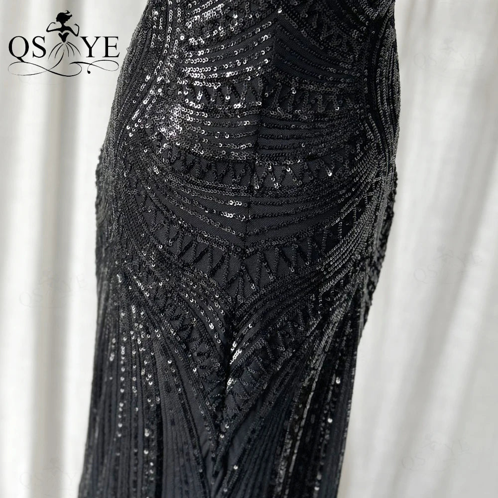 Abito da sera lungo nero semplice con paillettes, modello a sirena, spalline sottili, scollo a V, senza schienale, elegante per feste