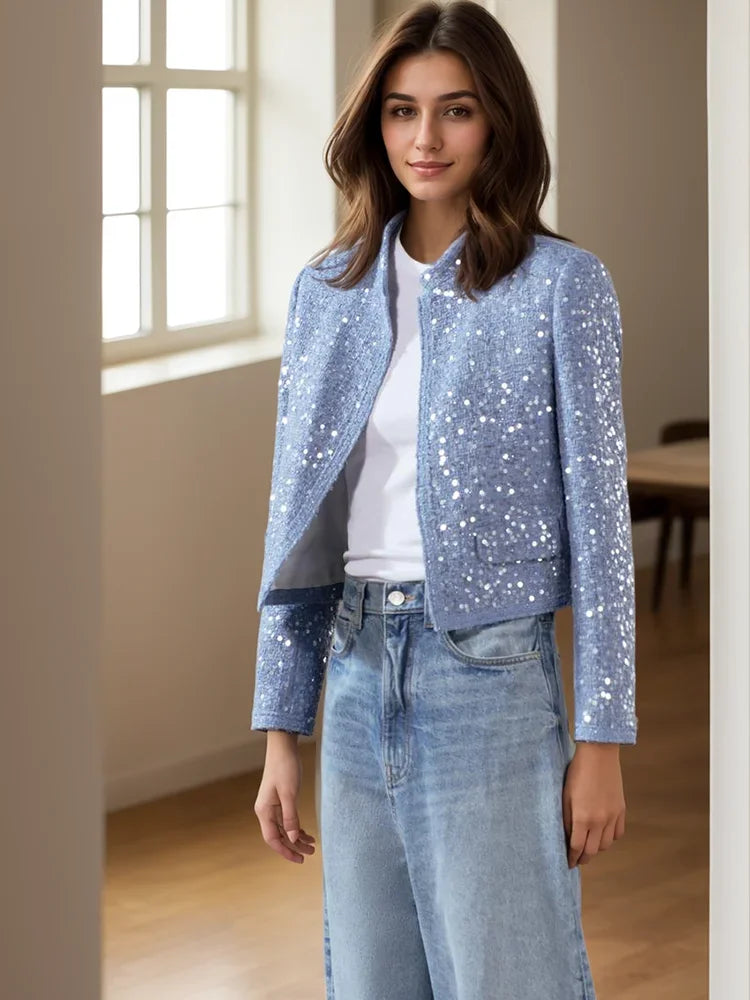 BKQU eleganti giubbotti Bomber con paillettes moda donna maniche lunghe o-collo cappotti corti 2024 autunno inverno donna capispalla High Street