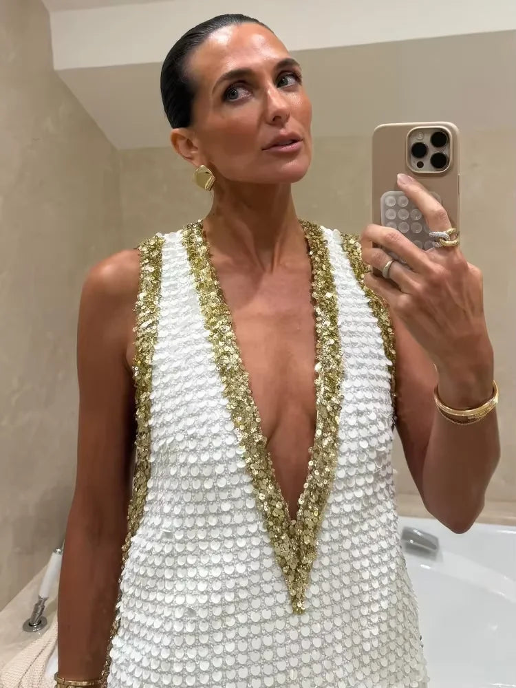 Abito sexy con gilet con paillettes Abito da donna con spalle scoperte senza maniche con scollo a V profondo Mini abiti trasparenti 2026 Abito da sera da donna
