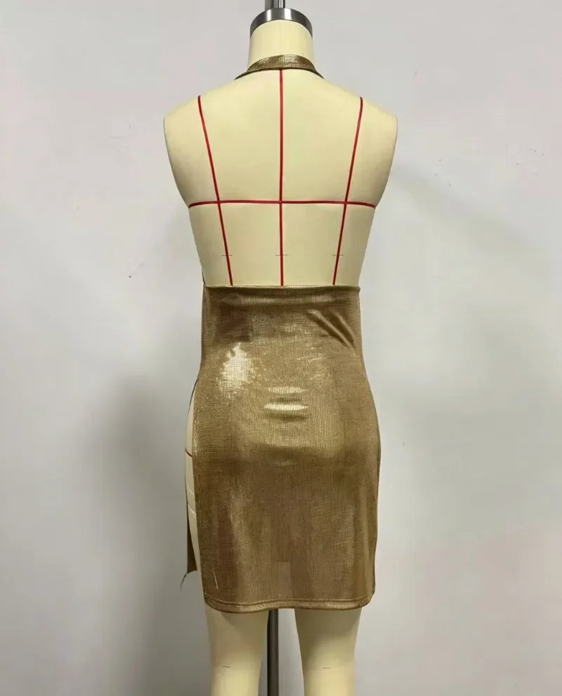 Abito Mini Sexy e alla Moda con Scollo a V, Paillettes Metalliche, Colletto Drappeggiato e Schiena Scoperta per Feste e Balli