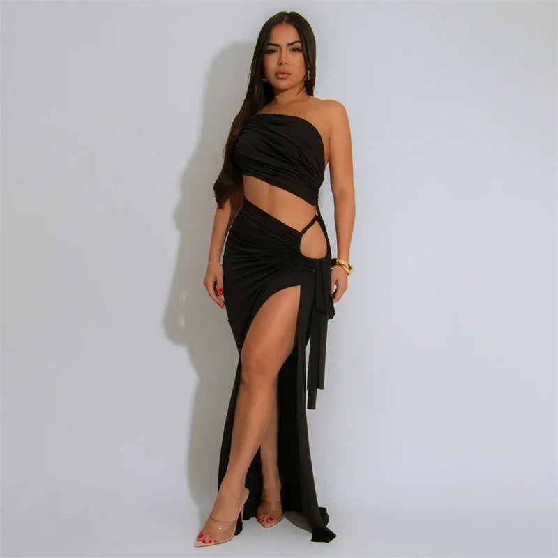 Abiti da festa sexy scollati con spacco alto Abbigliamento donna Night Club Increspato senza spalline senza maniche Backless Prom Maxi Dress Vacation