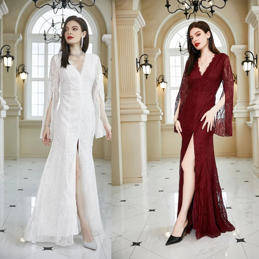 Abito in Pizzo da Donna Primavera Estate, Vestito da Damigella d'Onore, Abito da Sera per Ospiti di Matrimonio, Manica Lunga, Scollo a V, Aderente, Bordeaux