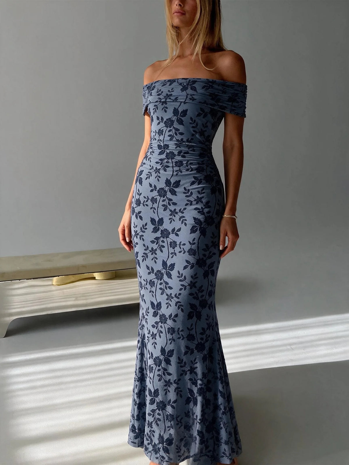 Abito lungo da donna a spalle scoperte con stampa floreale, elegante abito a sirena arricciato, abito aderente estivo da sera per feste, per signore.