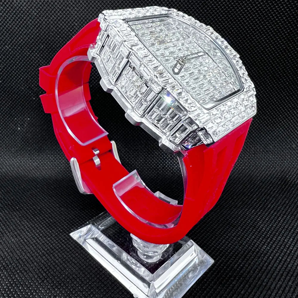 Orologio da uomo di marca di lusso Orologio tonneau unico di moda Orologio da polso con cinturino in caucciù impermeabile con quadrante blingbling con diamanti Regalo di vendita calda