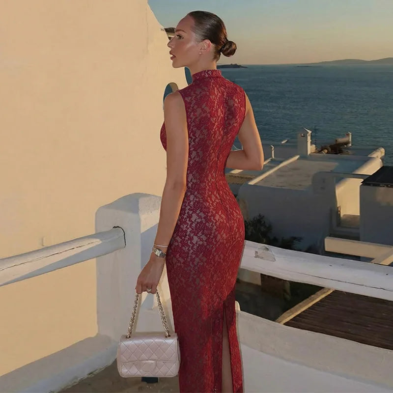 CHNMR Abito Cheongsam Sexy in Pizzo Rosso Senza Maniche, Vestito Lungo Aderente con Scollo a Goccia, Abito da Sera per Feste e Cerimonie, Abbigliamento Formale da Donna