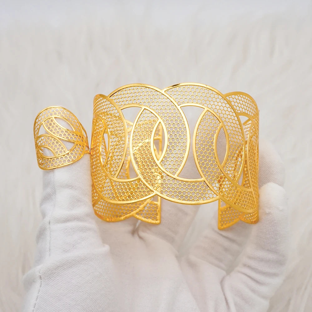 Bracciale color oro Dubai con anello per donna Bracciale con polsino a catena con ciondoli Bracciale indiano Arabo Francia Regali di gioielli da sposa