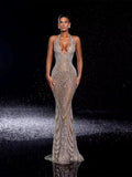 Splendido Abito da Sera con Strass, Scollo a V Profondo, Stile Sirena, in Rete Trasparente, per Ricevimenti e Cocktail, Personalizzabile