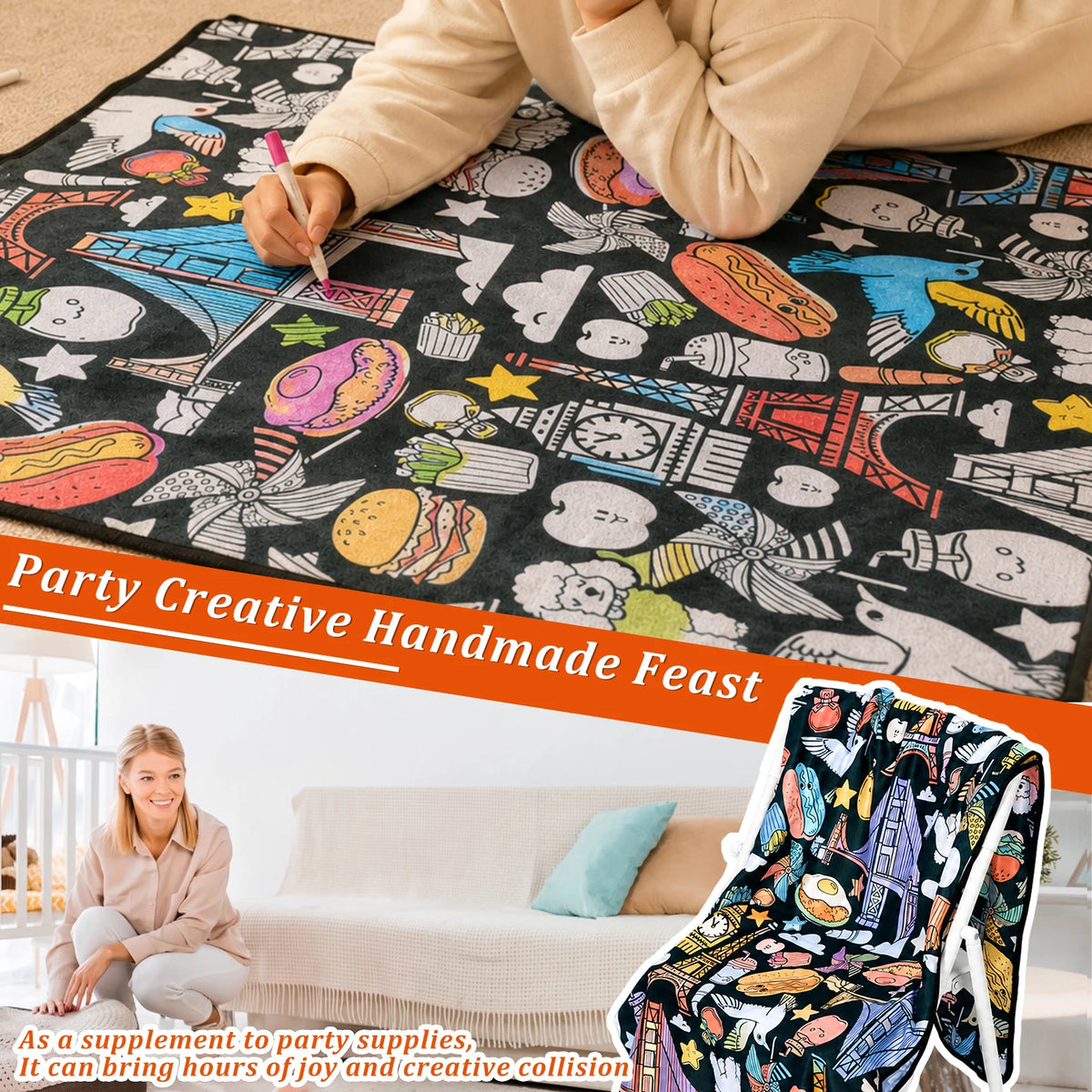 DIY Coloring Blanket Washable Reusable Fleece Throw Color Your Own Blanket Set with 24 Markers Kids Arts Crafts Gift