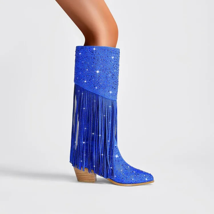 2024 nuovi stivali Chelsea al ginocchio con strass con cerniera nappe a punta moda lucida stivali da donna europei e americani 35-43