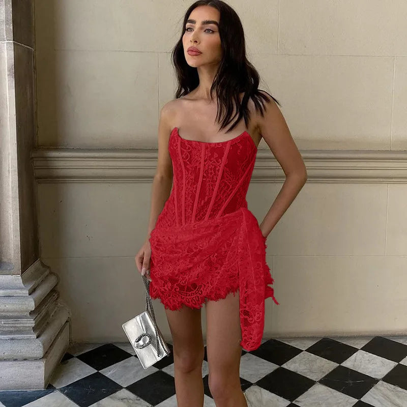 Abito sexy senza spalline in pizzo bianco per le donne Abiti eleganti da sera per feste Mini abiti estivi aderenti
