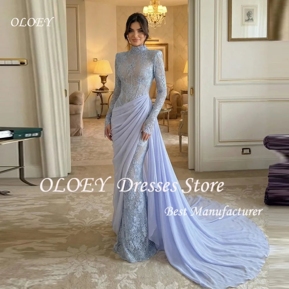 OLOEY Abito da sera in pizzo sfumato azzurro, collo alto, maniche lunghe, modello a sirena con strascico, per red carpet, feste formali e balli di fine anno