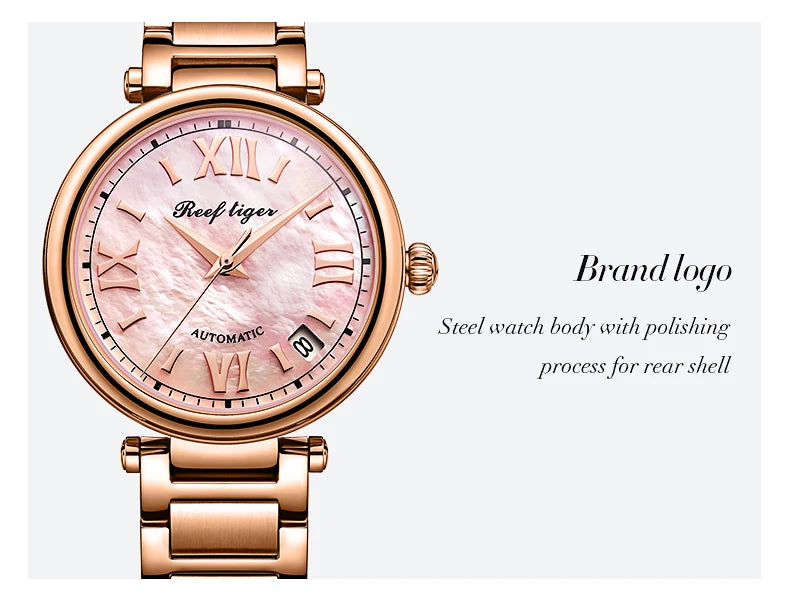 FolliFollie Orologio da donna automatico con quadrante in oro rosa e diamanti con numeri romani, cinturino in pelle, orologio da donna di lusso