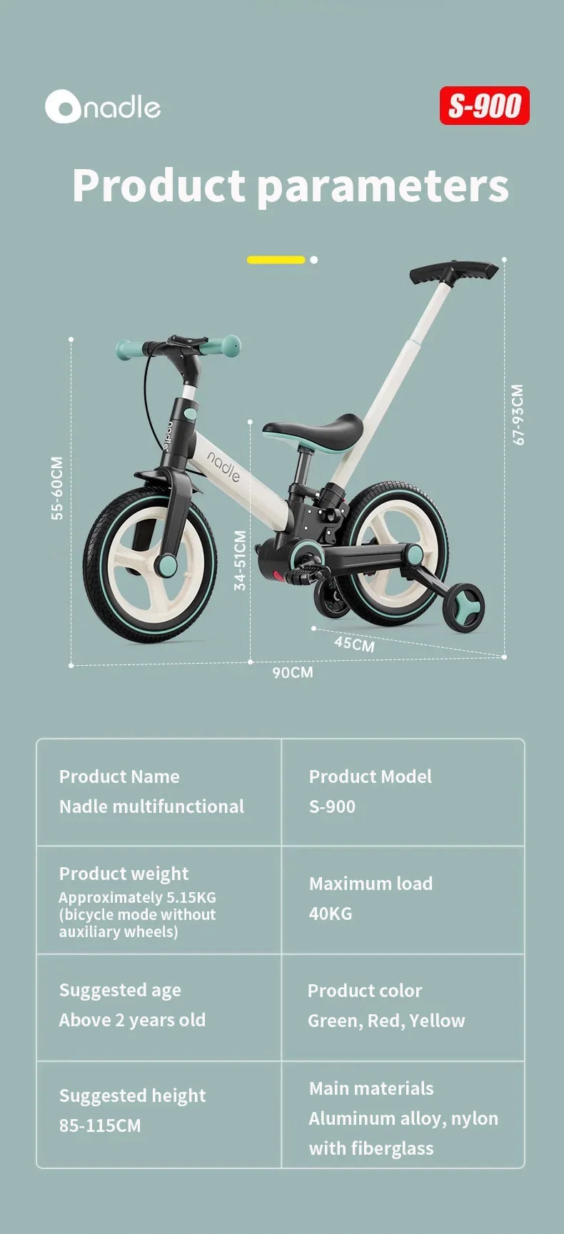 4-in-1 Kids Balance Bike with Training Wheels & Push Handle, Lightweight Foldable Toddler Bike for 2-6 Years Old Boys Girls
