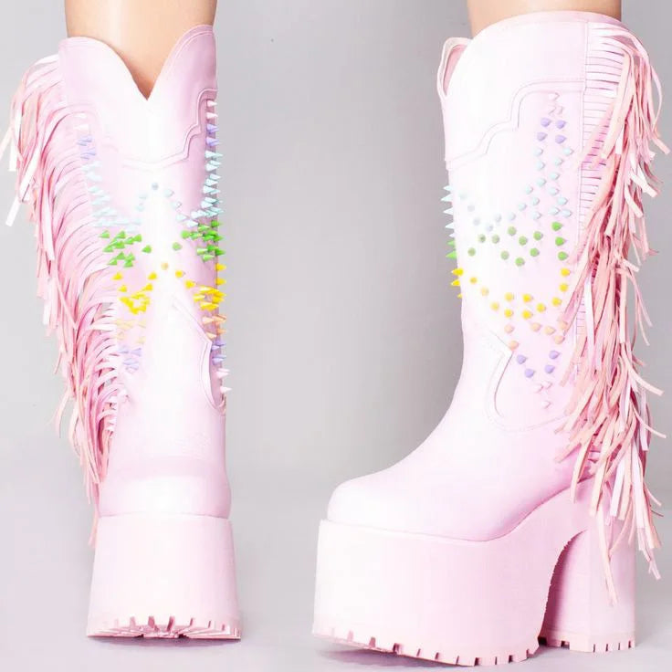 Stivali da Donna con Strass e Frange, Punta Affusolata, Tacco a Spillo, Design con Cerniera, Taglie Grandi