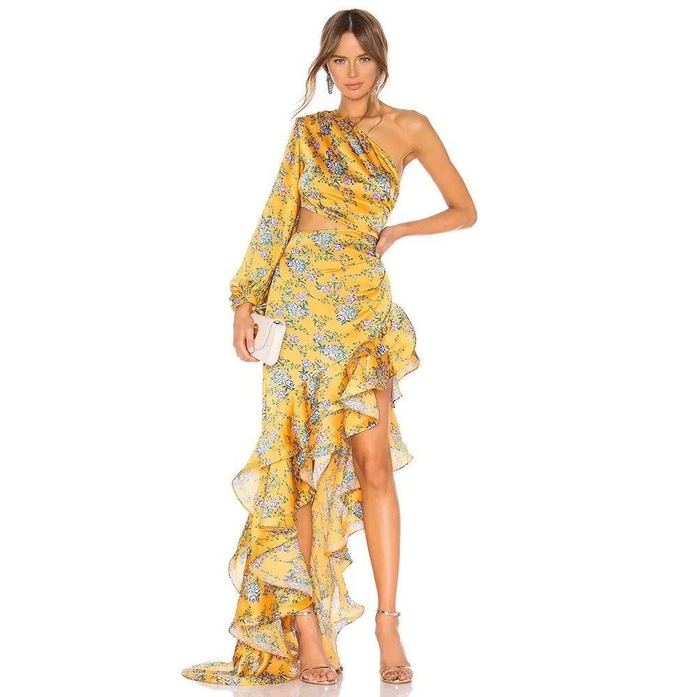 Abito Elegante e Sexy con Stampa Floreale, Orlo Asimmetrico, Collo Alto, Maniche a Palloncino, Lunghezza al Ginocchio