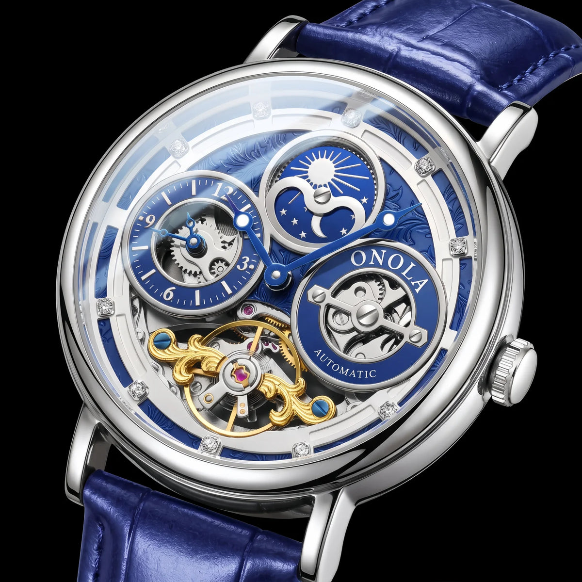 Orologio Meccanico da Uomo ONOLA, Cassa Rotonda, Quadranti Multipli, Quadrante Cavo con Fasi Lunari Giorno Notte, Regalo per Lui