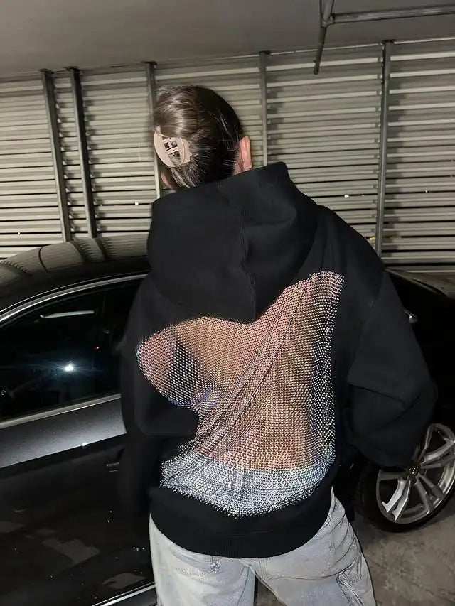 Felpa con cappuccio con strass e rivetti con ali d'angelo alla moda da donna gotica Y2K Abbigliamento Felpa oversize allentata casual Giacca pullover casual