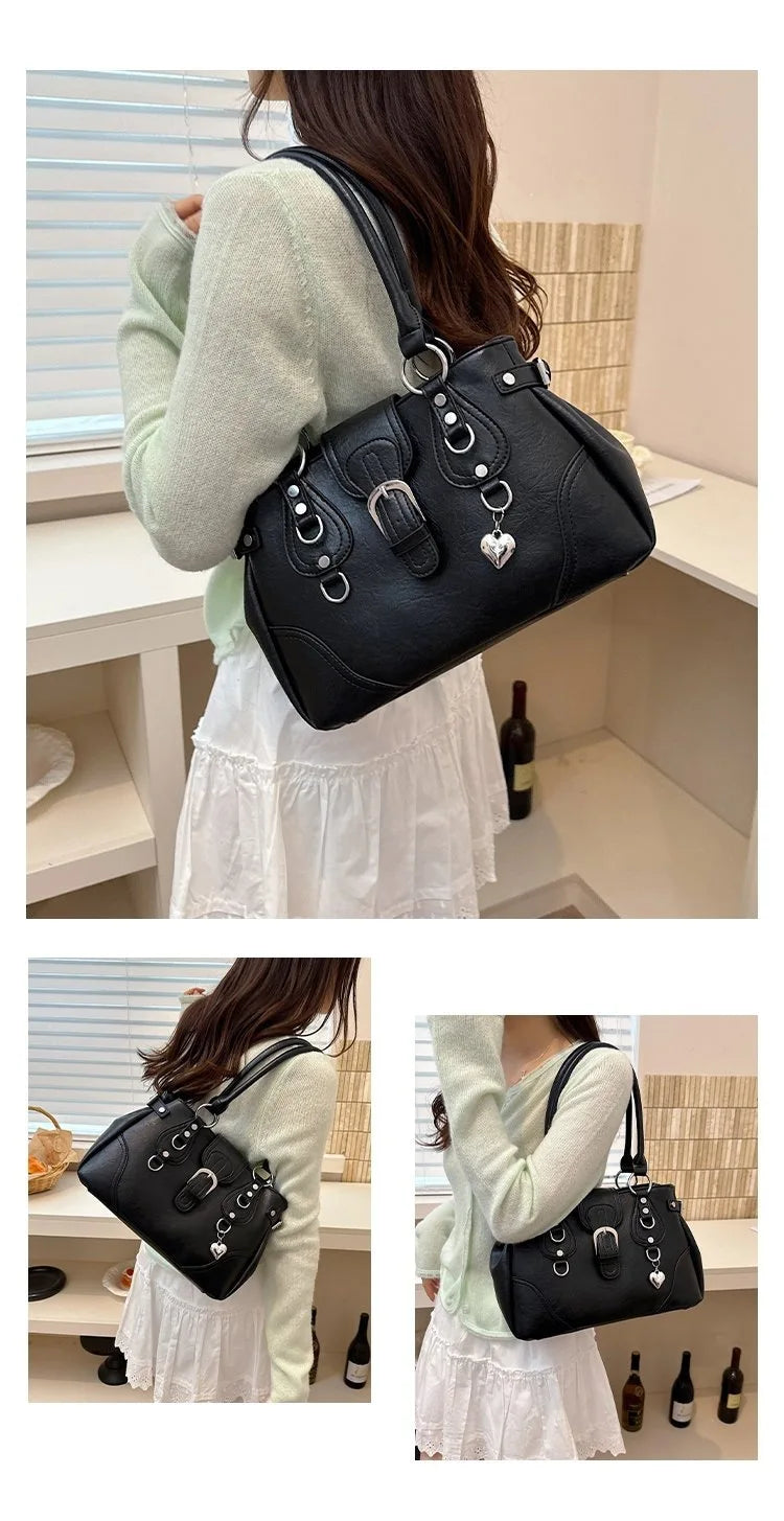 Borsa a Tracolla alla Moda Nuovo Stile 2026, Borsa a Mano Semplice per il Pendolarismo, Versatile con Elementi Rivetto Tinta Unita, Stile Coreano
