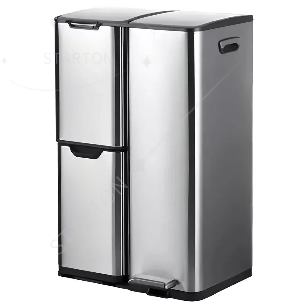 60L Triple Compartment Stainless Steel Recycling Bin with Pedal Press Button on Top Kitchen Trash Bin Recycle Bin