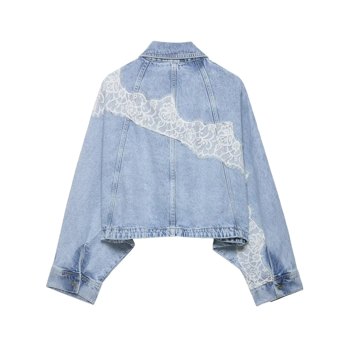 YENKYE Nuova Giacca in Denim Corta da Donna 2026 Blu Chiaro con Inserti in Pizzo, Bottoni Frontali, Maniche Lunghe, Vestibilità Ampia, Stile Streetwear