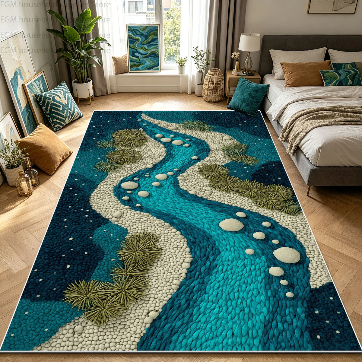 Blue Green River 3D Nature Landscape Carpet for Living Room Bedroom Large Area Rug Washable Non-slip Soft Fluffy Decor Floor Mat