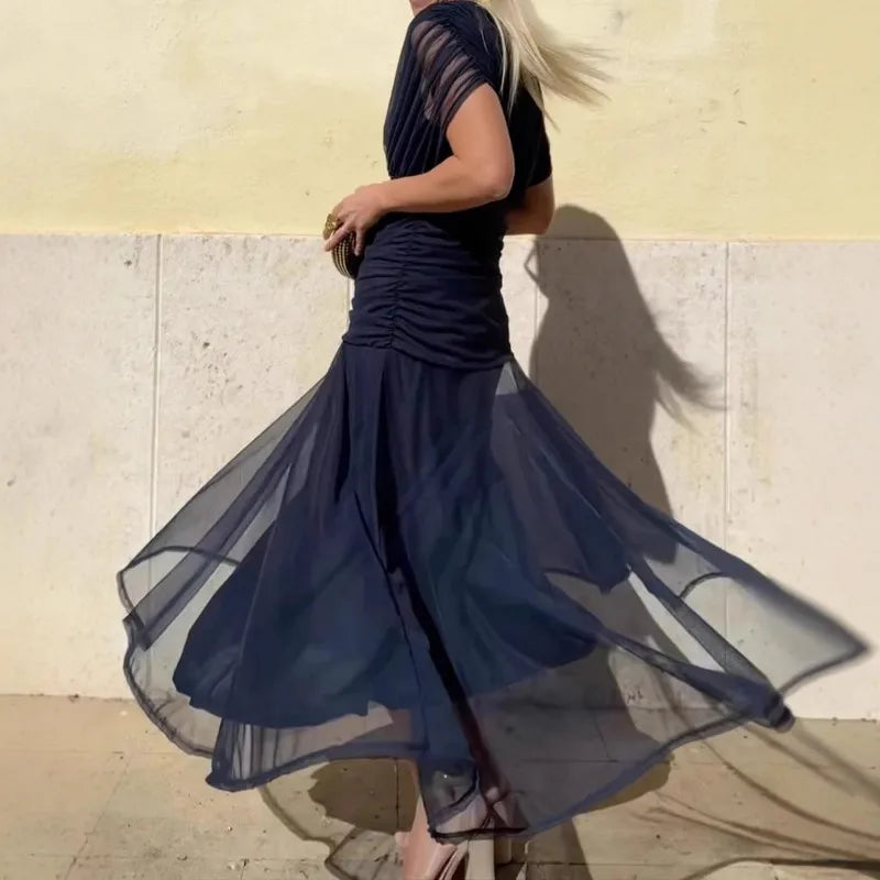 Abito Midi Estivo da Donna con Stampa in Rete e Spalline Sottili, Casual per Feste, Taglie EU e US
