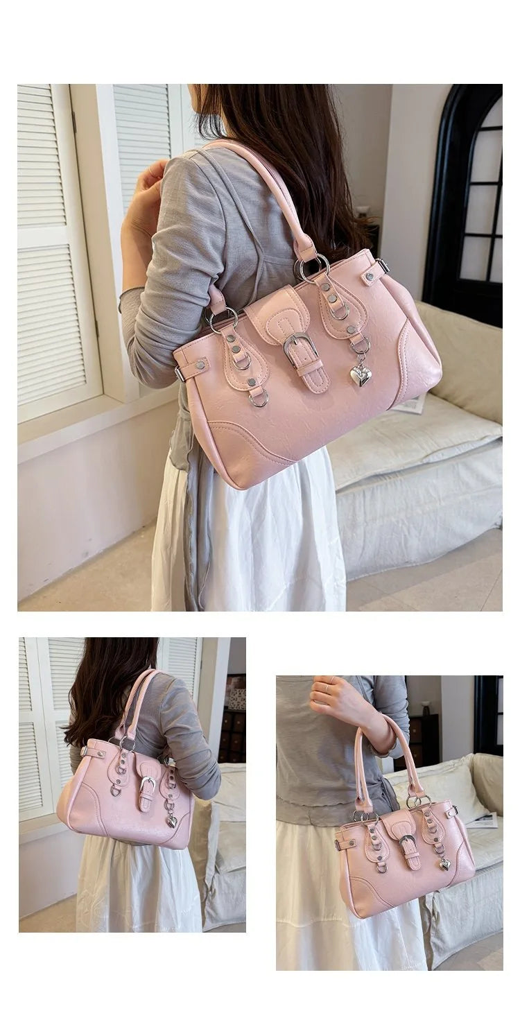 Borsa a Tracolla alla Moda Nuovo Stile 2026, Borsa a Mano Semplice per il Pendolarismo, Versatile con Elementi Rivetto Tinta Unita, Stile Coreano