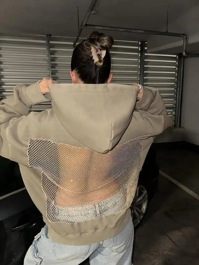 Felpa con cappuccio con strass e rivetti con ali d'angelo alla moda da donna gotica Y2K Abbigliamento Felpa oversize allentata casual Giacca pullover casual